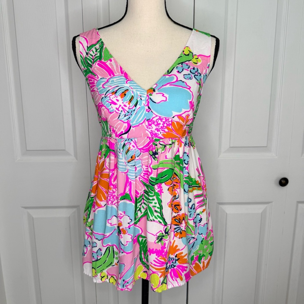 Lilly Pulitzer Vibrant Pink Multi color Floral sleeveless babydoll‎ top Small